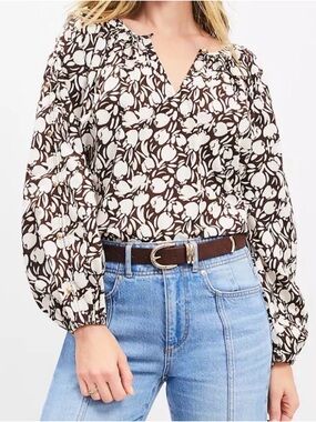 LOFT Brown and Cream Floral Peasant Blouse Medium